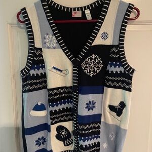 Holiday Editions Women's Festive V-Neck Sweater Vest - Blue, Black, White